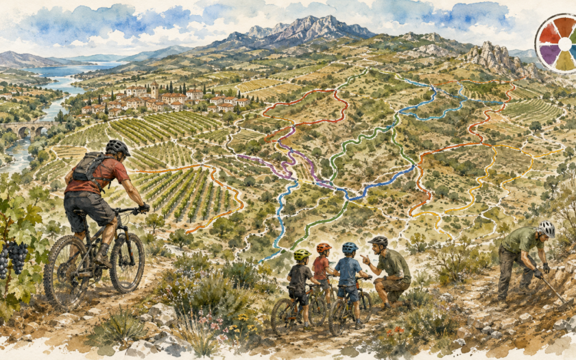 Vététistes dans les vignes de Saint Chinian avec réseau de circuits, jeunes et entretien des sentiers.